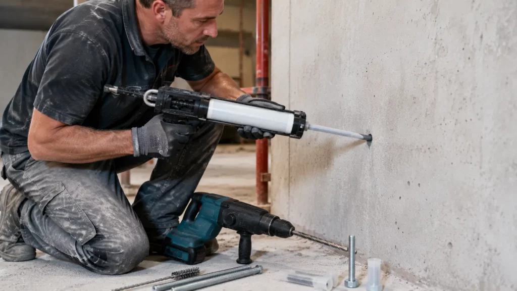 Artisan injectant une résine de scellement chimique dans un trou percé dans un mur en béton avant la pose d’une tige filetée.