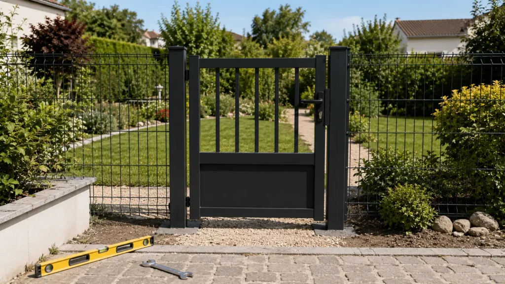Portillon de jardin en aluminium parfaitement installé entre deux poteaux scellés, avec serrure, poignée et outils de pose visibles au premier plan.