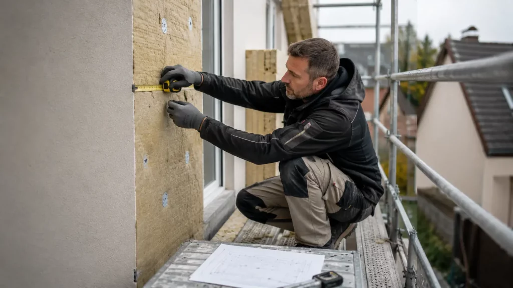 Artisan mesurant l’épaisseur d’une isolation thermique par l’extérieur avant la pose d’une fixation pour charge lourde.