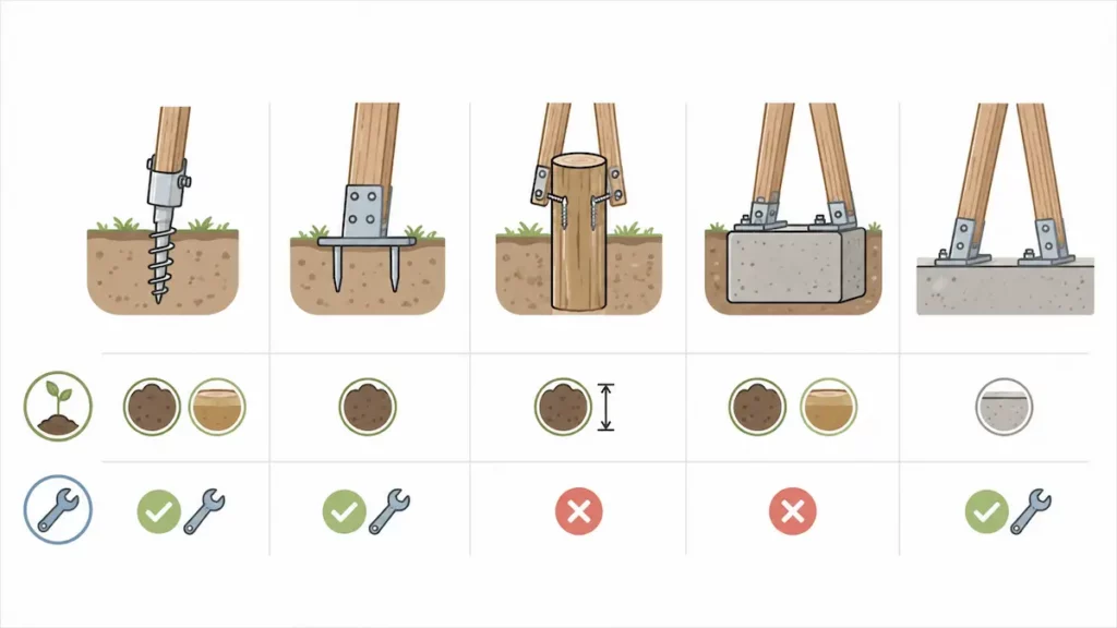 Comparatif des méthodes d’ancrage d’une balançoire sans béton : vrille, plaque, piquet, plot préfabriqué et équerre sur dalle.