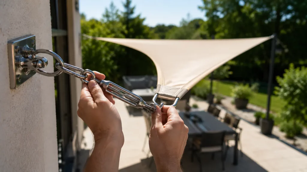 Réglage de la tension d'une voile d'ombrage à l'aide d'un tendeur en inox et d'un mousqueton fixés sur une platine murale.