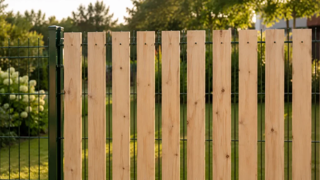 Panneau brise-vue en bois douglas fixé sur un grillage rigide dans un jardin.