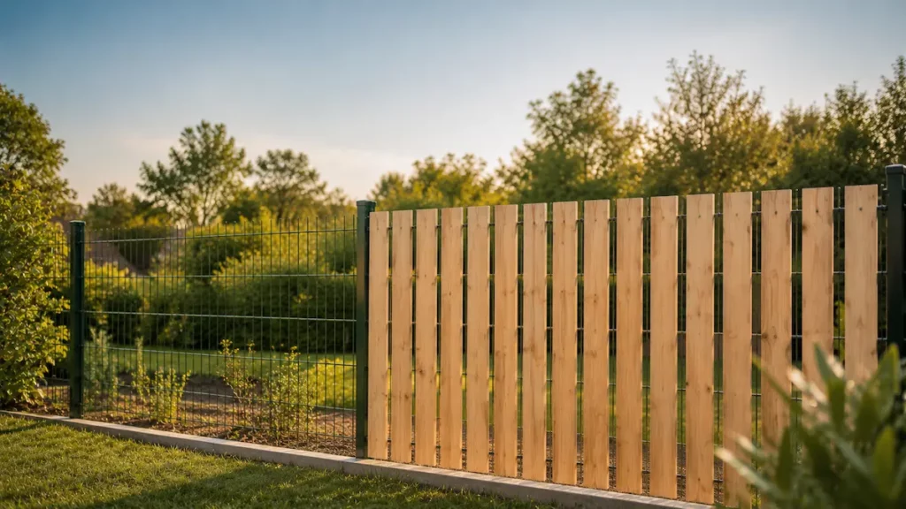 Panneau en bois clair fixé sur un grillage rigide existant dans un jardin, avec transition entre clôture nue et partie habillée.