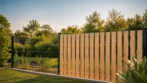 FIXER Panneau bois sur grillage : que choisir selon votre clôture ? Panneau en bois clair fixé sur un grillage rigide existant dans un jardin, avec transition entre clôture nue et partie habillée.