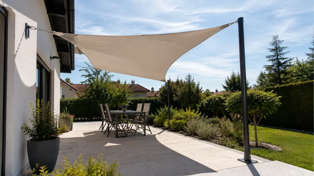 Voile d'ombrage tendue au-dessus d'une terrasse avec point d'ancrage mural sur la façade et mât de fixation sur dalle, montrant une installation correctement tendue.