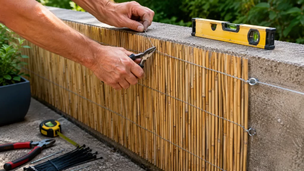 Fixation d'une canisse en bambou sur un mur en béton à l'aide de fil de fer galvanisé et d'une pince plate, avec niveau à bulle et outils de pose.