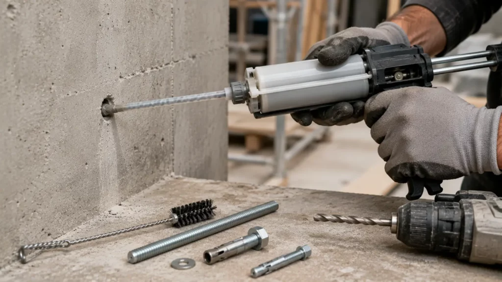 Artisan injectant une résine bi-composant dans un mur en béton pour réaliser un scellement chimique avec tige filetée.