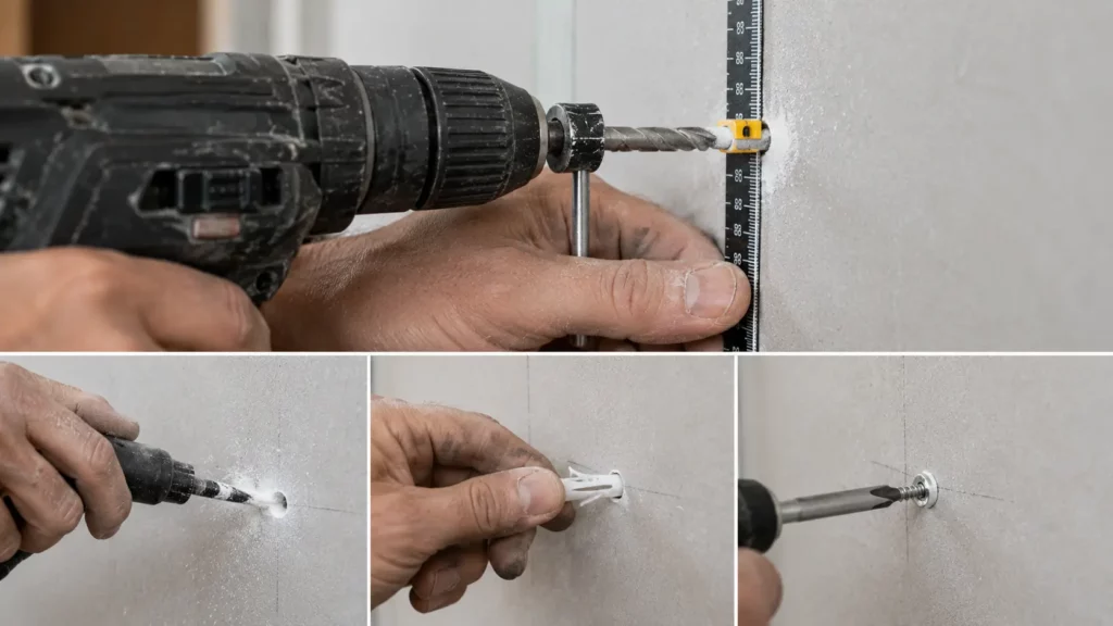 Étapes de pose d’une cheville murale : perçage au bon diamètre, nettoyage du trou, insertion de la cheville et vissage.