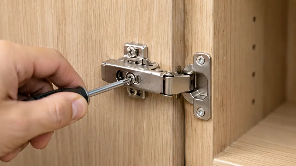 Réglage d’une charnière invisible de meuble avec un tournevis sur une porte en bois, avec bras et embase visibles.