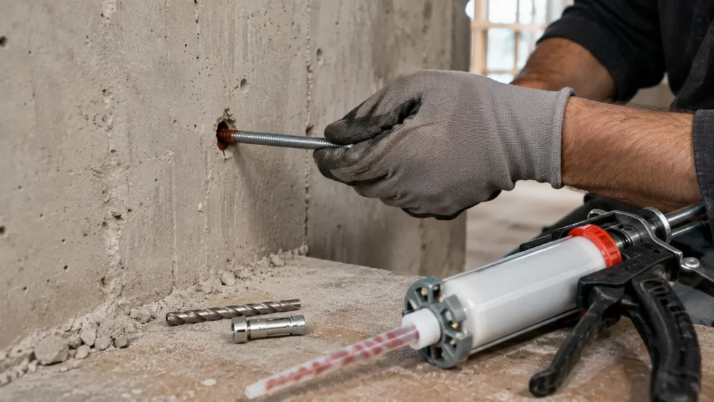 Artisan réalisant un scellement chimique dans un mur en béton avec résine et tige filetée, à côté d’une cheville mécanique.