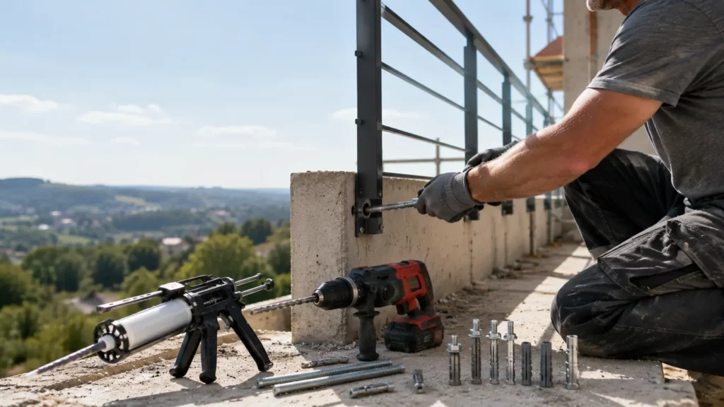 Artisan fixant un garde-corps métallique dans du béton avec scellement chimique, à côté de chevilles mécaniques et de goujons d’ancrage.