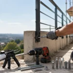 Artisan fixant un garde-corps métallique dans du béton avec scellement chimique, à côté de chevilles mécaniques et de goujons d’ancrage.
