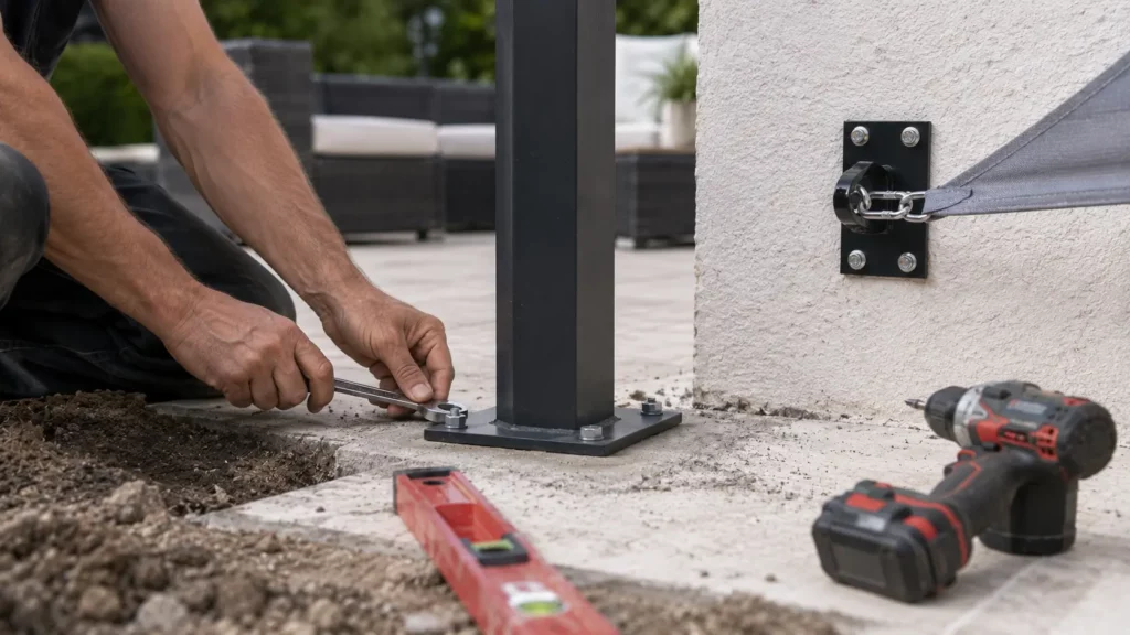 Artisan fixant un mât de voile d'ombrage sur une dalle béton avec platine métallique, tandis qu'une platine murale est solidement ancrée sur la façade de la maison.