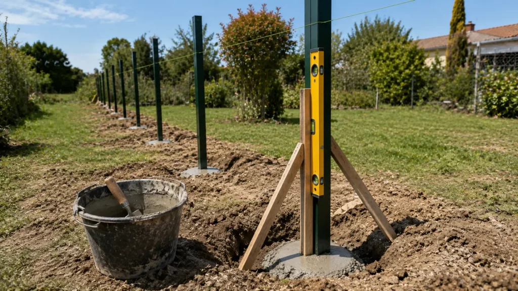 Poteaux de clôture fraîchement scellés dans la terre et alignés au cordeau, avec un poteau maintenu par des cales en bois, un niveau à bulle et des outils de scellement au premier plan.