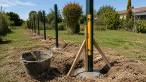 Sceller un poteau de clôture dans la terre : la méthode qui tient dans la durée Poteaux de clôture fraîchement scellés dans la terre et alignés au cordeau, avec un poteau maintenu par des cales en bois, un niveau à bulle et des outils de scellement au premier plan.