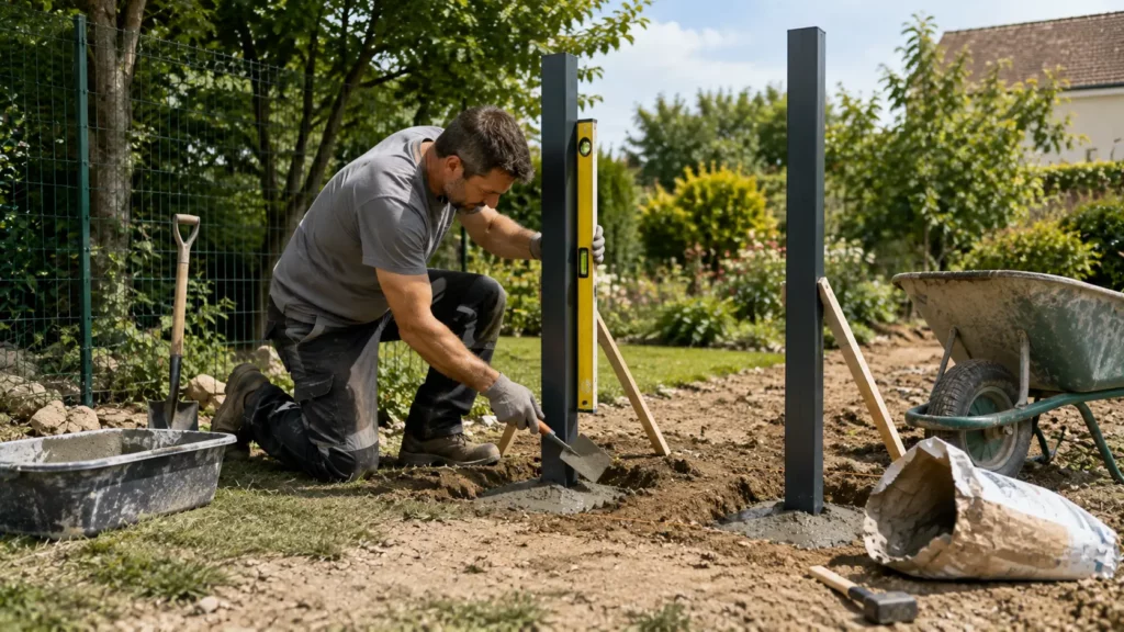 Artisan scellant un poteau de portillon de jardin dans du béton frais en contrôlant son aplomb avec un niveau à bulle et des tasseaux de maintien.
