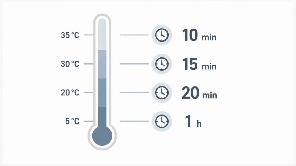 Temps de durcissement du scellement chimique selon la température, de 1 heure à 5 °C à 10 minutes à 35 °C.