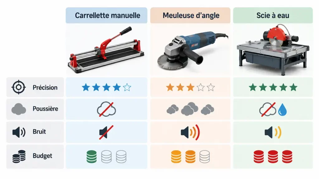 Comparatif entre carrelette manuelle, meuleuse d’angle et scie à eau pour couper du carrelage selon la précision, la poussière, le bruit et le budget.