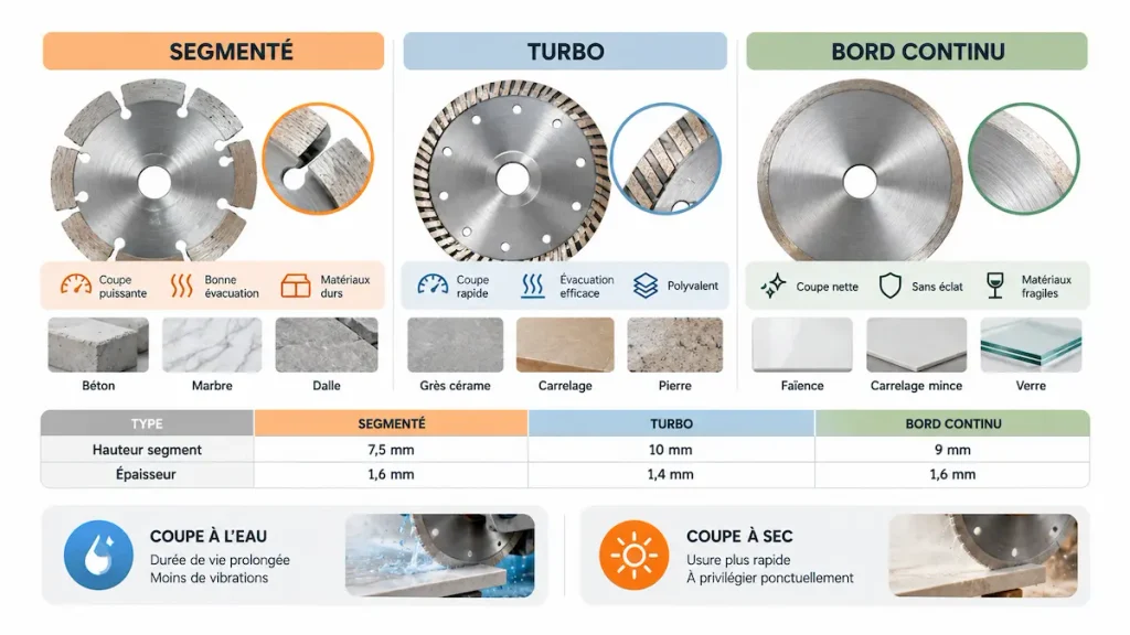 Comparatif des disques diamant segmenté, turbo et à bord continu selon le type de carrelage