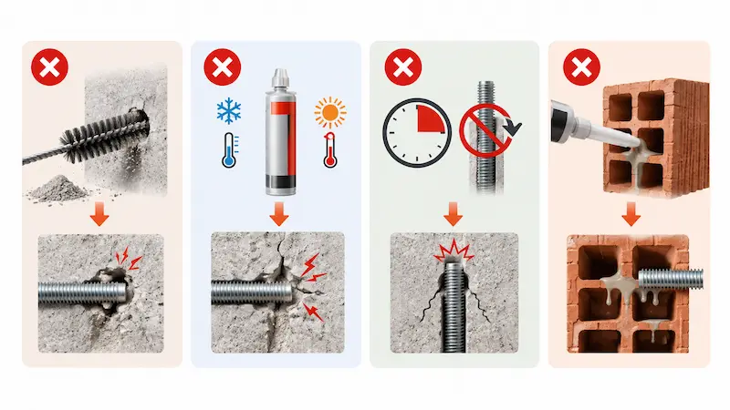 Infographie des erreurs à éviter lors d’un scellement chimique : trou mal préparé, résine inadaptée, durcissement insuffisant et tamis oublié.