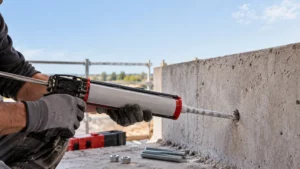 Scellement chimique : le tuto complet pour un ancrage fiable Artisan injectant une résine de scellement chimique dans un mur en béton avant la pose d’une tige filetée.