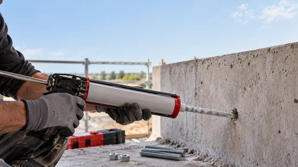 Artisan injectant une résine de scellement chimique dans un mur en béton avant la pose d’une tige filetée.