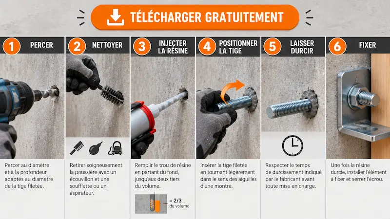 Schéma tuto des étapes d’un scellement chimique : perçage, nettoyage, injection de résine, pose de la tige filetée et durcissement.