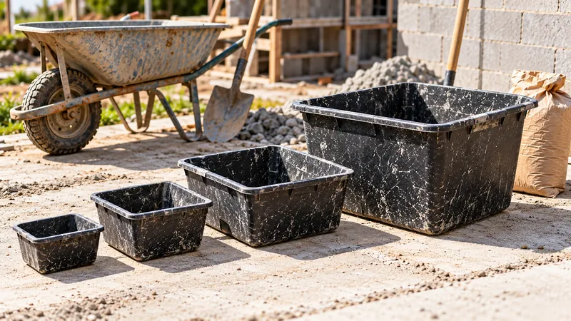 Quatre auges de maçon noires de tailles différentes alignées sur un chantier, avec brouette, pelle et sac de ciment.