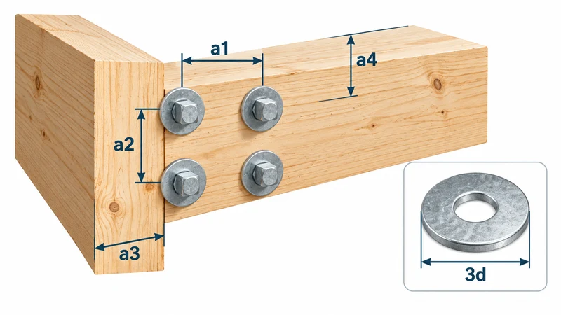 Schéma d’un assemblage de charpente en bois avec quatre boulons, distances de fixation a1, a2, a3, a4 et diamètre de rondelle 3d.