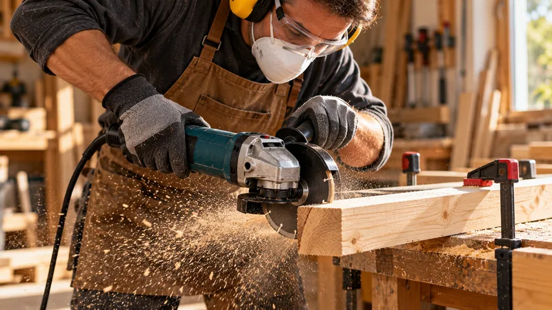 Artisan équipé de lunettes, d'un masque et d'un casque antibruit utilisant une meuleuse d'angle sur une pièce de bois maintenue par des serre-joints.