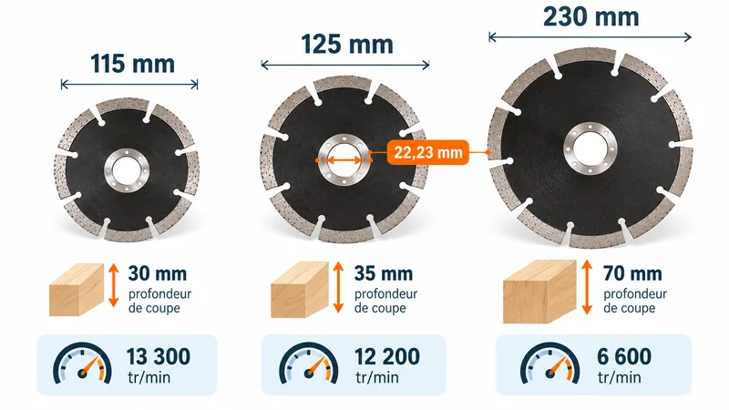 Infographie comparant trois diamètres de disques pour meuleuse, 115, 125 et 230 mm, avec profondeurs de coupe indicatives, vitesses et alésage de 22,23 mm.