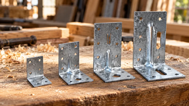 Quatre équerres de charpente en acier galvanisé, de tailles croissantes, avec renforts et trous de fixation, posées sur un établi en bois.
