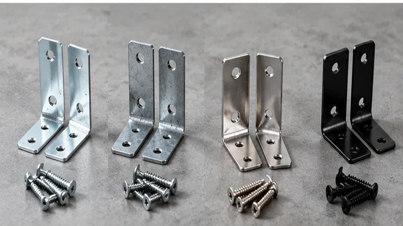 Équerres de fixation en acier électrozingué, galvanisé, inox et finition noire, accompagnées de vis assorties.