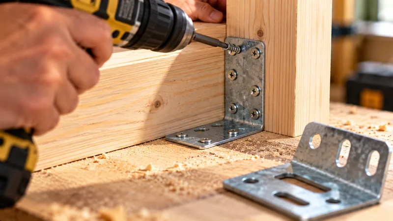 Main utilisant une visseuse pour fixer une équerre d'assemblage galvanisée à l'angle de deux planches de pin.