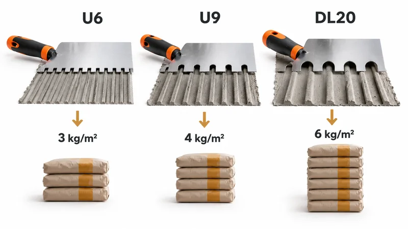 Comparatif des peignes à colle U6, U9 et DL20 montrant les différentes hauteurs de sillons et les consommations indicatives de colle de 3, 4 et 6 kg/m².