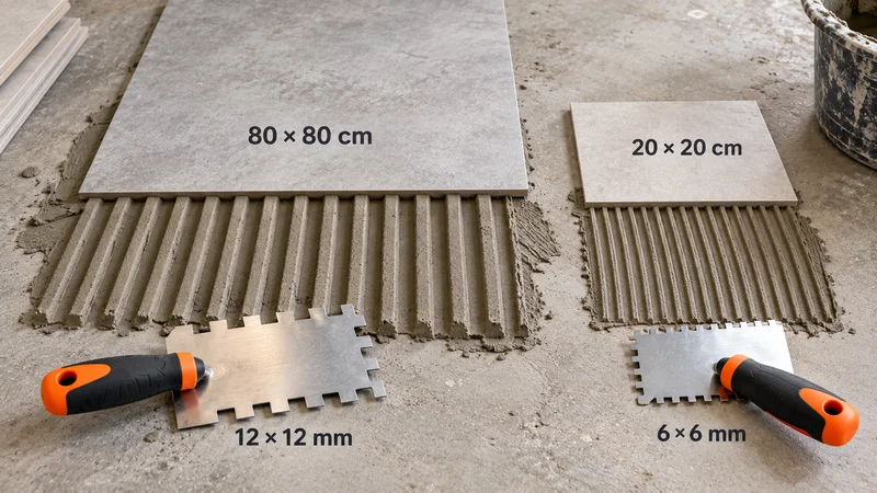 Comparaison de deux peignes à colle pour carrelage : denture 12 × 12 mm pour un carreau 80 × 80 cm et denture 6 × 6 mm pour un carreau 20 × 20 cm, avec sillons de mortier-colle.