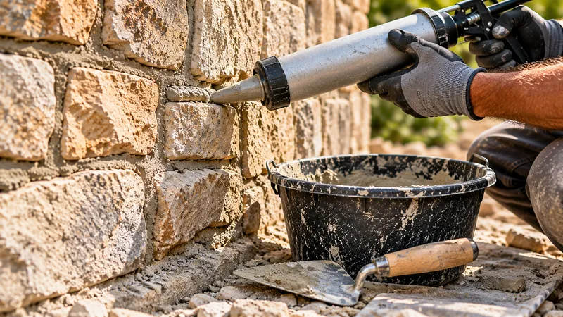 Maçon utilisant un pistolet à mortier manuel pour rejointoyer un mur en pierre, avec seau de mortier et fer à joint sur le chantier.