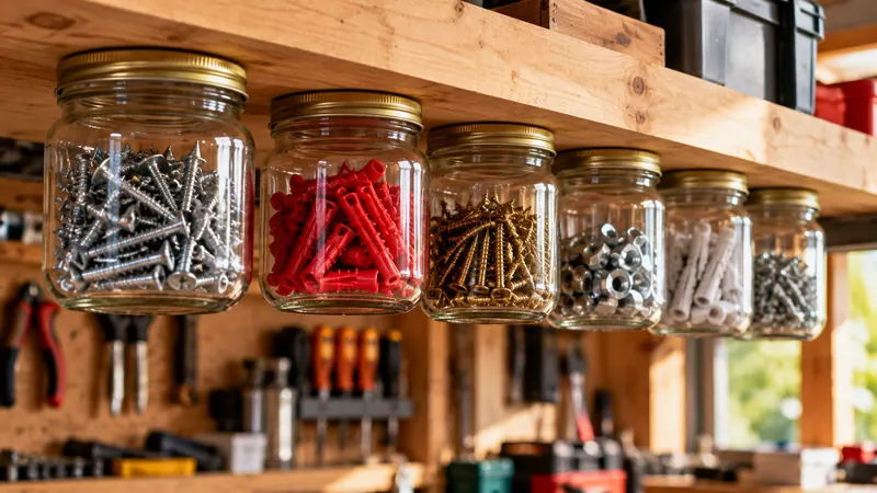 Bocaux en verre suspendus sous une étagère en bois, contenant des vis, écrous et chevilles triés dans un atelier de bricolage.