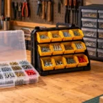 Boîte à vis compartimentée, organiseur à bacs amovibles et armoire à tiroirs pour ranger la visserie dans un atelier.