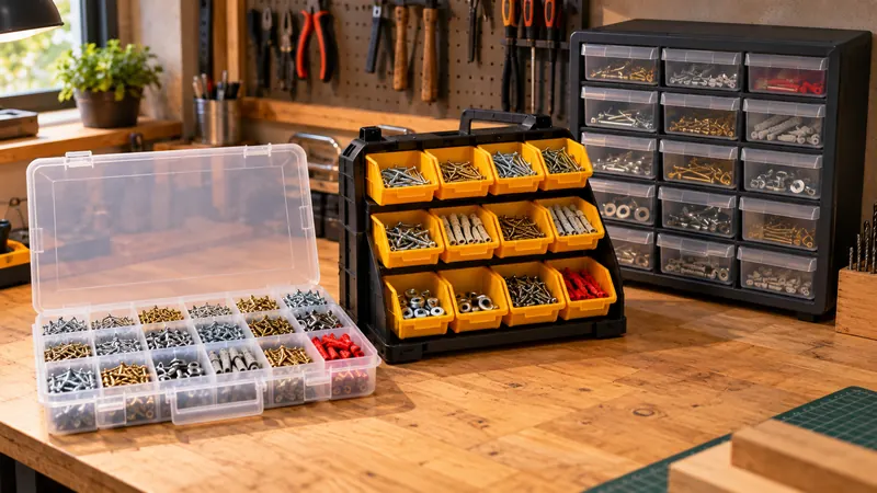 Boîte à vis compartimentée, organiseur à bacs amovibles et armoire à tiroirs pour ranger la visserie dans un atelier.
