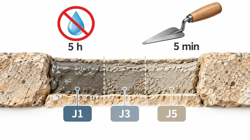 Infographie illustrant le séchage progressif d'un joint de maçonnerie de J1 à J5, avec les délais de protection contre la pluie et de lissage.