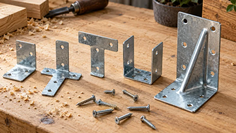 Différents types d'équerres de fixation en acier zingué, modèles en L, T, U et équerre renforcée, disposés sur un établi en bois.